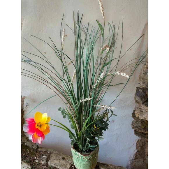 Artificial Grass & Floral Arrangement In Green Ceramic Pot - Picture 4 of 8